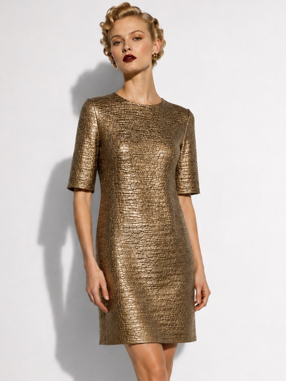 Alice + Olivia  Gold Textured Sheath Dress - Cocktail Dress- 3/4 sleeve- 6